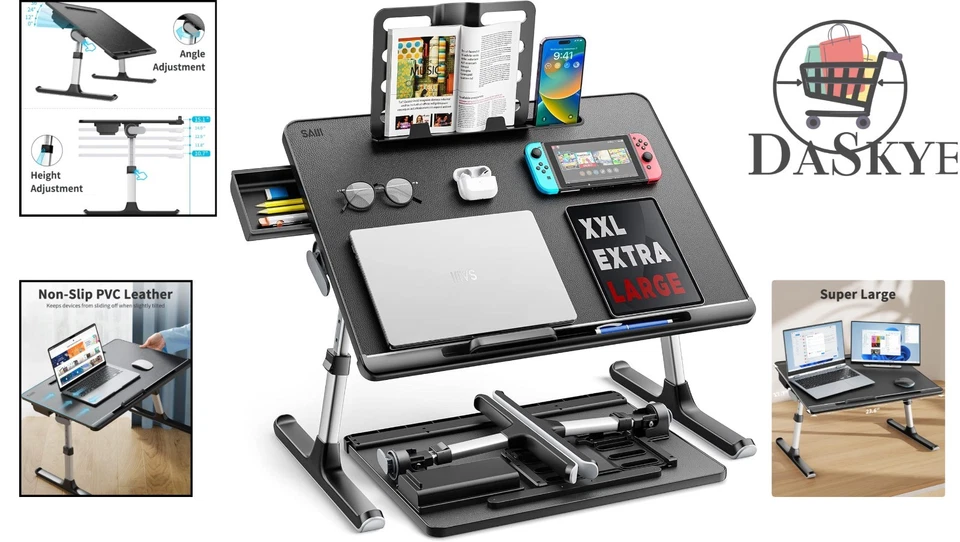 Portable Foldable Laptop Desk with Storage Drawer & Bookstand - Black Elegance - Image 2 of 4