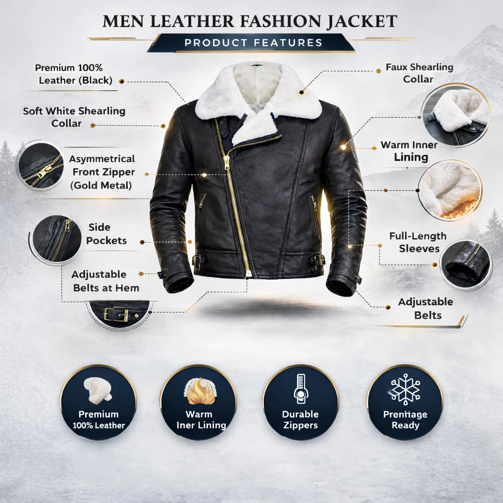 Men’s B3 Aviator Jacket Shearling Sheepskin Leather Bomber Flight Coat Winter image 6