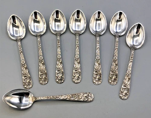 S. Kirk & Son Repousse Sterling Silver set of 8 Demitasse Spoons 4 1/8"