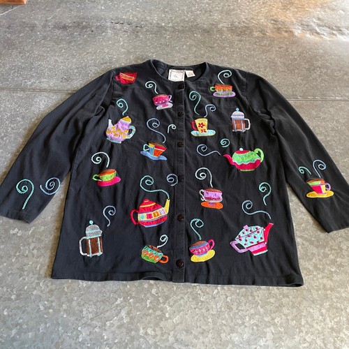 Vintage Michael Simon Coffee Tea Cup Embroidered Cardigan Large Cotton Knit 90s - Picture 2 of 12