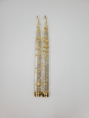 Set of 2 Vintage Lucite Taper Candles Clear With Gold Metallic Flakes 8'' MCM