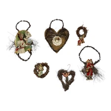 Victorian Scrap Paper and Tinsel Christmas Ornaments - Set of Six - c. 1890