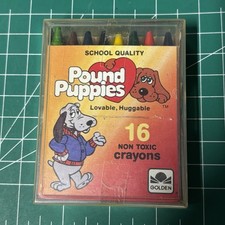 1985 Pound Puppies Crayons Hard Case Box 15 Non-Toxic Sealed Clear Plastic