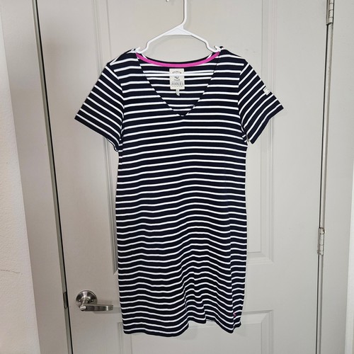 Joules Riviera V-Neck Dress Womens 10 Navy Blue White Striped Mini Short Sleeve
