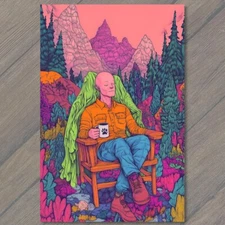 Art Print Man Bald Figure with Coffee Surreal Nature Scene Vibrant Colors Relax