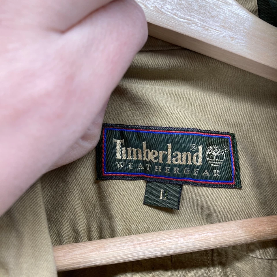 Camisa Timberland Hombres L Grande Beige Cuello Abotonado Manga Larga Bolsillos Algodón Foto 3 de 4