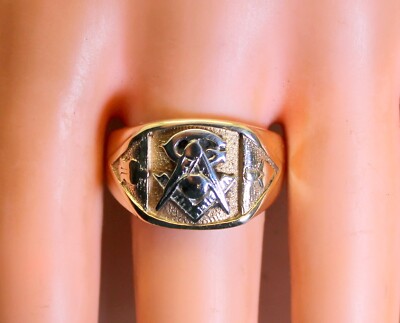 Heavy Vintage 10K Yellow White Gold Men's Masonic Ring, Size