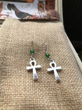 Handmade Egyptian Ankh Earrings –Symbol of Life with Stainless Steel & Green