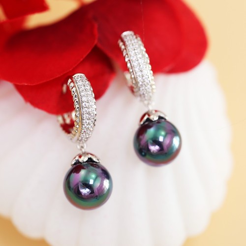 Lady's Black Pearl Bead Drop Silver Band 18K White Gold GF HOOP Dangle EARRINGS - Picture 5 of 5