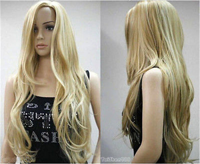 Hot Sell New Fashion Long Blonde Straight Wavy Women Lady Hair Wig Wigs +Wig Cap
