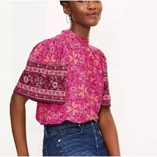 LOFT Blouse Top Size Large Pink Floral Print Short Sleeve Boho Feminine Casual