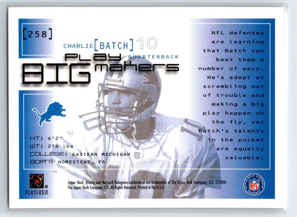 2000 Upper Deck Victory Charlie Batch Big Playmakers Detroit Lions #258 - Image 2 of 2