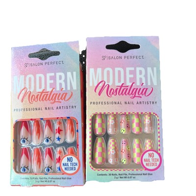 Salon Perfect Artificial Press-On Modern Nostalgia Smiley Face Fire Nails Lot 2