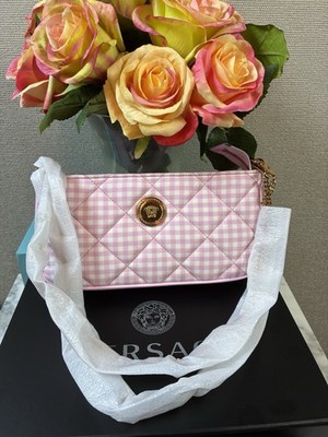 NWT Authentic Versace Pink & White Plaid Fabric Shoulder Bag w/ Dustbag & Box
