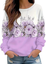 Floral Printed Sweatshirt Womens Boho Flowers O-Neck Pullover Tops Garden Lovers