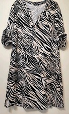 Olsen Shirtdress Women Large Black Ivory Animal Print Stretch Henley Tab Sleeve 