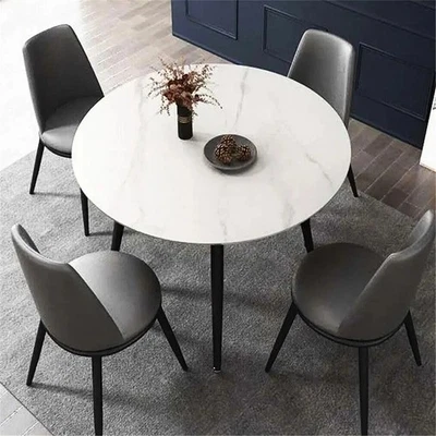 LIVINGANDHOME 80cm Round Marble Dining Table Modern Kitchen Living Room Table Seats 4 People