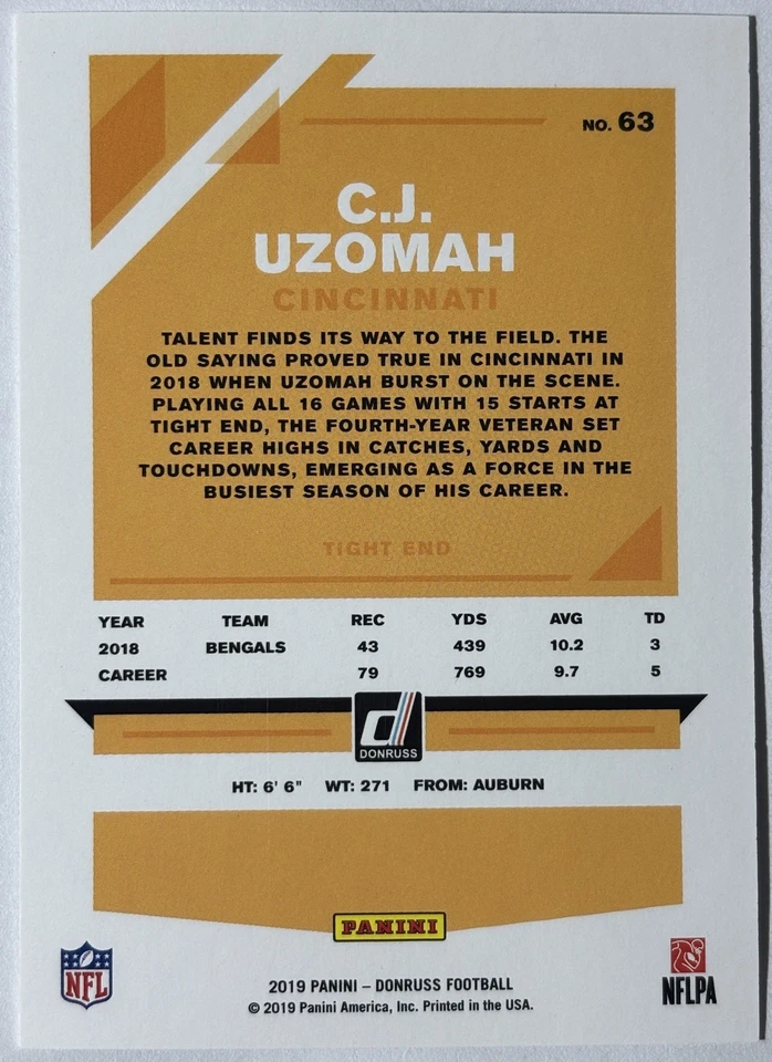 2019 Donruss Cincinnati Bengals C.J. Uzomah Purple Stat Line Receptions #/43 - Image 2 of 2