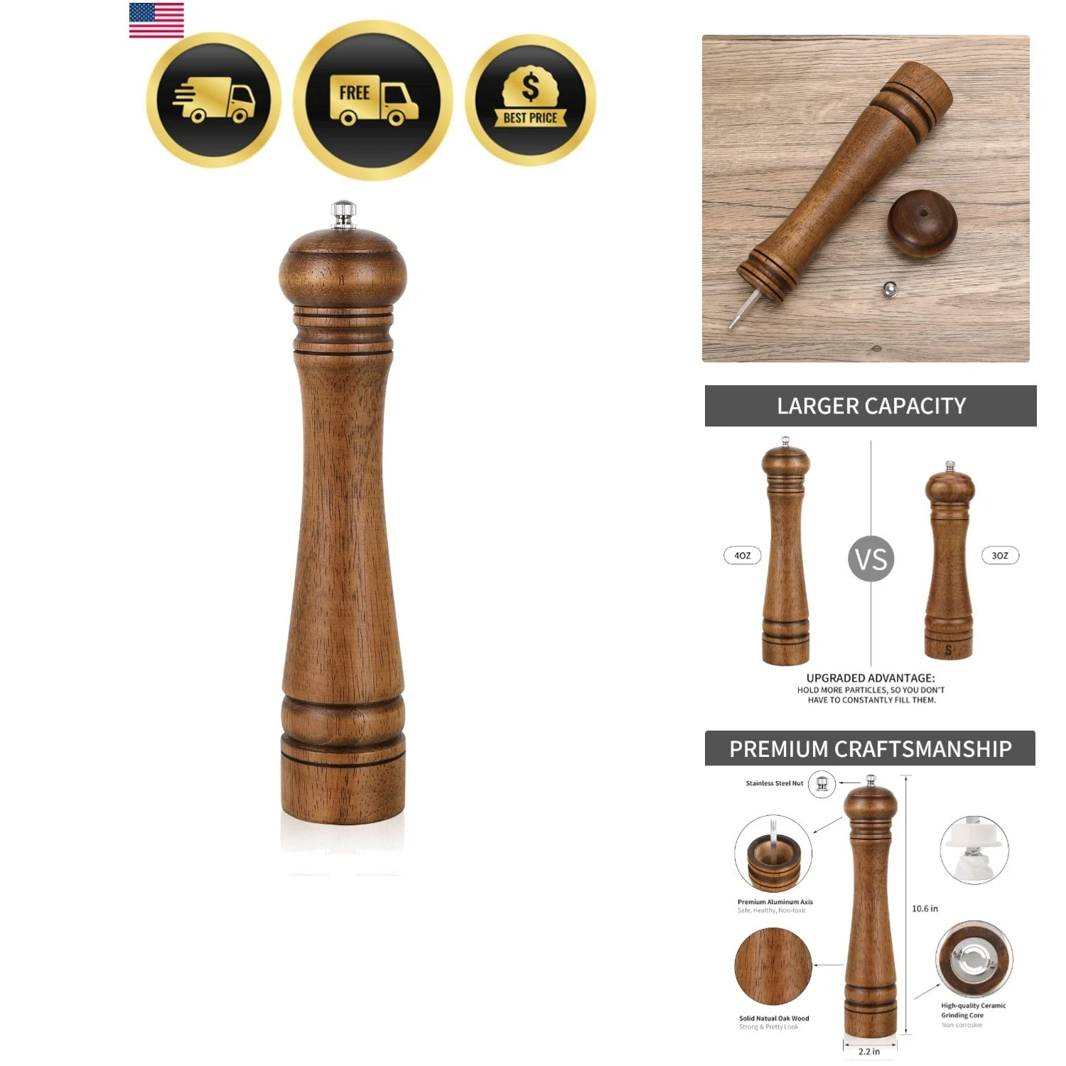 1Pack Wood Pepper Grinder, 10 Inch Salt Mill Pepper Shaker, Pepper Mill with ...