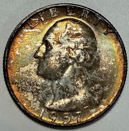 1957-D Washington Quarter, Gem BU, Rainbow Toned! Silver