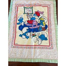 Vintage 1980s Smurfs Baby Blanket Home Smurf Home Polka Dot Ruffle Trim 43x33