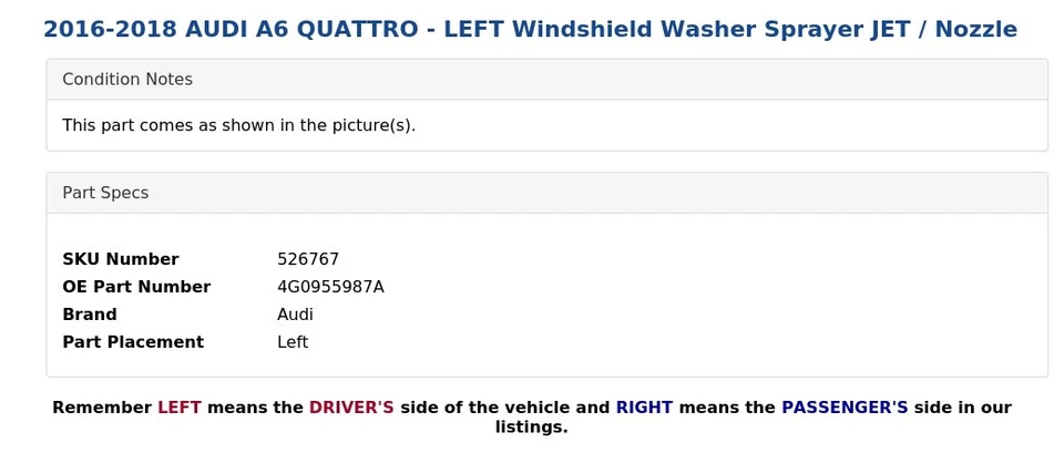 2016-2018 AUDI A6 QUATTRO - LEFT Windshield Washer Sprayer JET / Nozzle - Image 3 of 4