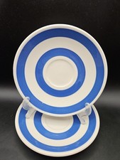 2 x Vintage Staffordshire Saucers Ironware Chef Ware Blue Stripe 1950s 5.5"