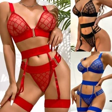 Women's Lingerie Sexy Fishnet Bra Thong Set with Garter Belt Babydoll Nightwear