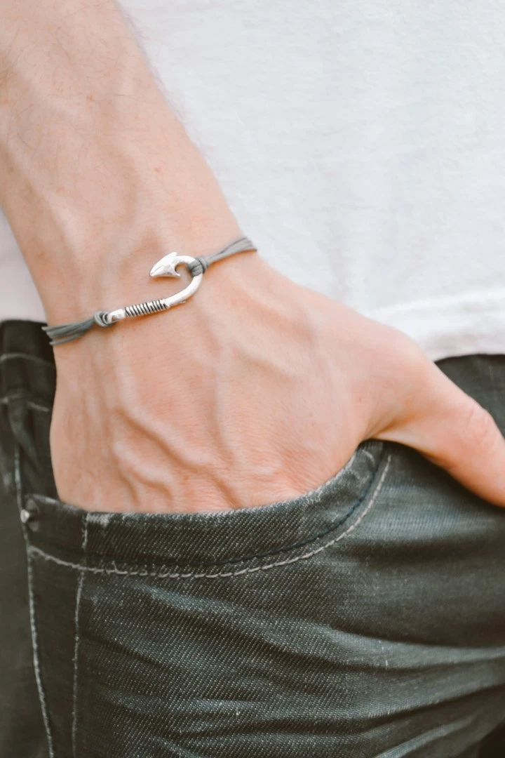 Fish hook bracelet for men silver gray charm bracelet mens jewelry