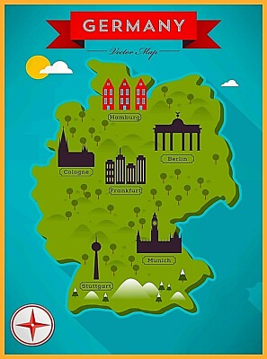 Map of Germany Berlin Hamburg Cologne Retro Travel Art Poster Print