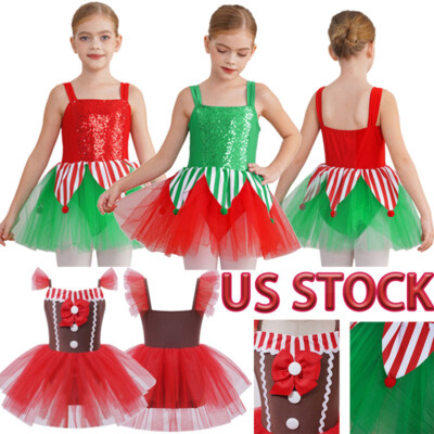 US Kids Girls Christmas Sequins Tutu Dresses Ballet Dance Unitards Gym Leotards