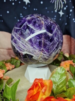 Atemberaubende Traumamethyst Kristallkugel 12,5 cm 2,73 kg & Ständer - Chevron Muster
