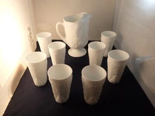 Vintage Indiana Milk Glass Colony Harvest Grape Pitcher And Tumblers Set Of 8
