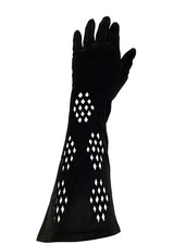 VINTAGE BLACK LEATHER LONG GLOVES, SWELLY, PLACE VENDOME PARIS, CUT-OUT, 7 7.5