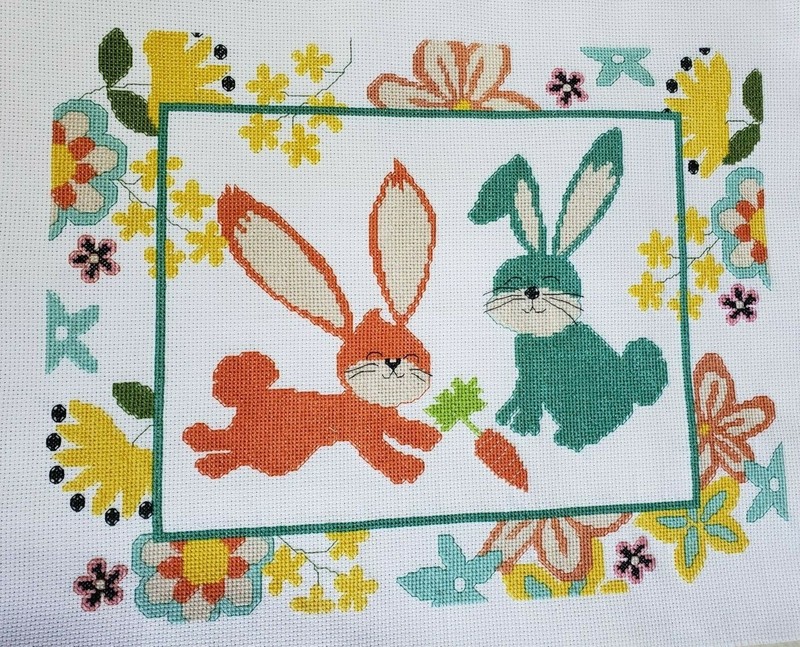 ARTISTE BUNNIES  Handcrafted/Completed Cross Stitch Picture 