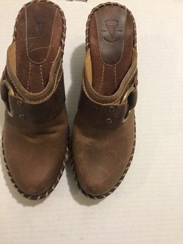 Frye Charlotte Brown Saddle Leather 3'' Block Heel Harness Clogs /Mules Size 8 M