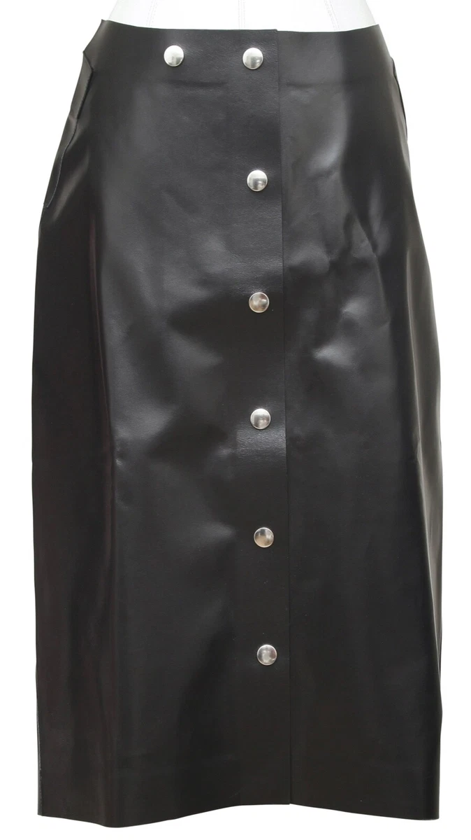 VICTORIA BECKHAM Leather Skirt BLACK Snaps Silver Mid Length US 4