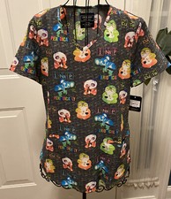 New Cherokee Modern Classic v neck Grey Science Animals Small S women scrub top