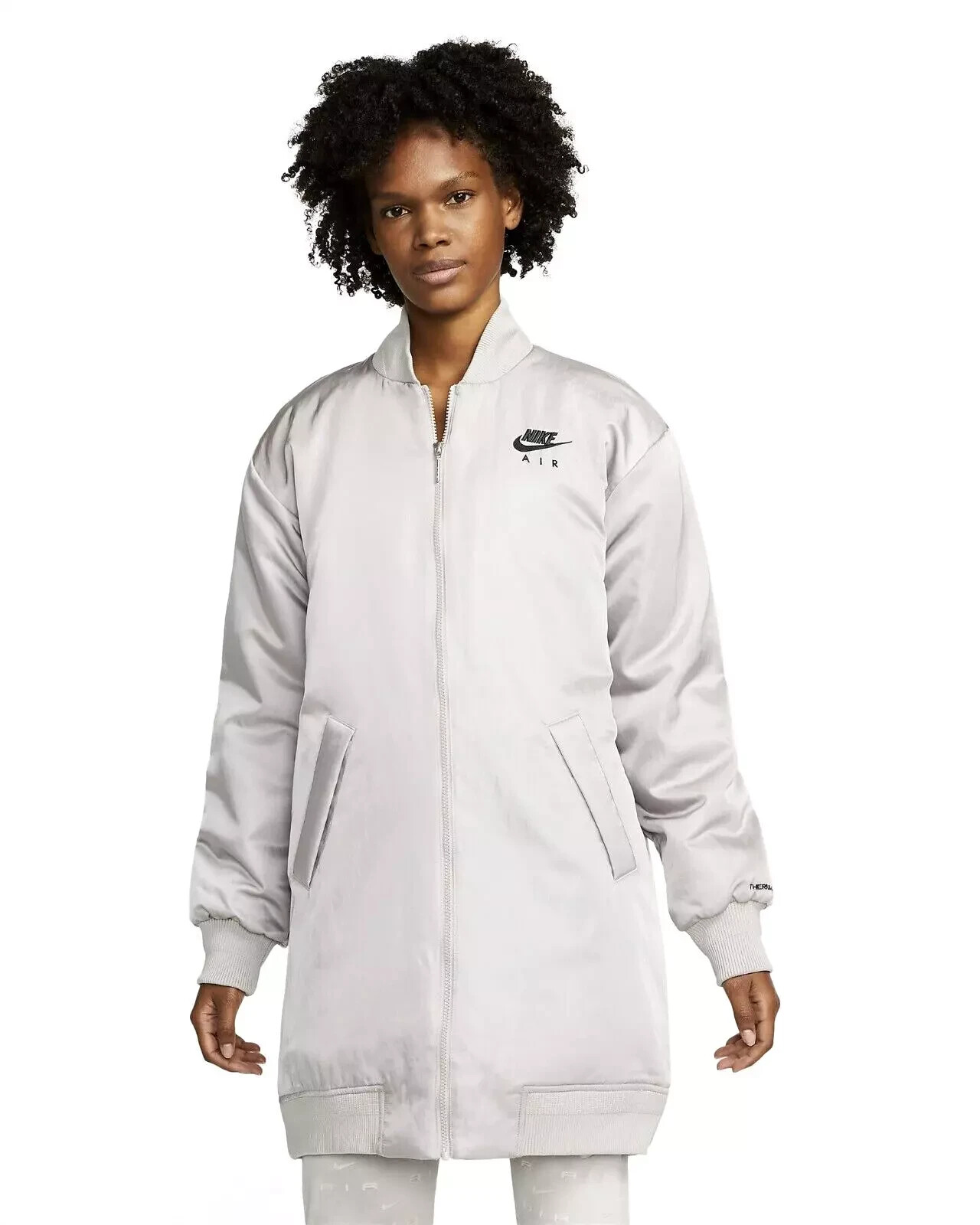 Nike Therma-FIT Bomber Full Zip Women's Faux-Fill Long Jacket Coat Grey Medium