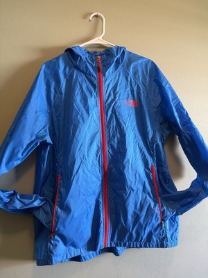 North Face Mens Vintage Bright Blue Windbreaker With Bomb Red Decal Size XL