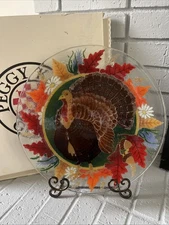 Signed Peggy Karr Retired Turkey Thanksgiving 14” Plate Platter Vtg Metal Stand