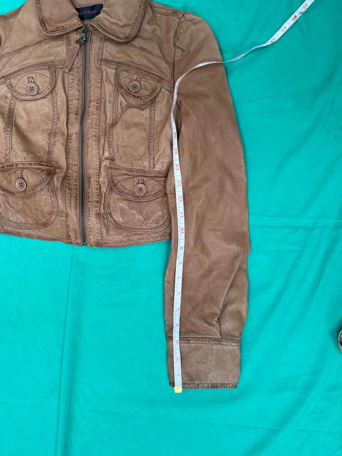 Miss Selfridge Tan Leather Jacket Size 6 Women’s Cropped Fitted Biker Style image 6