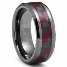 Mens Gunmetal Tungsten Carbide Ring Black Red Carbon Fiber Inlay Wedding Band
