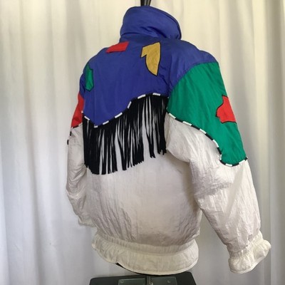 Retro Puffer Jacket Vtg-Inspired Colorblock Duck-Down-Filled Size L Black Fringe