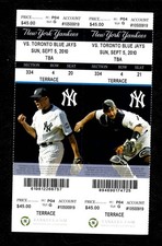 Two 2010 New York Yankees Tickets featuring Mariano and Jorge Posada