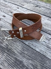 Western Tooled Leather Belt with Silver Buckle and Tip size 46