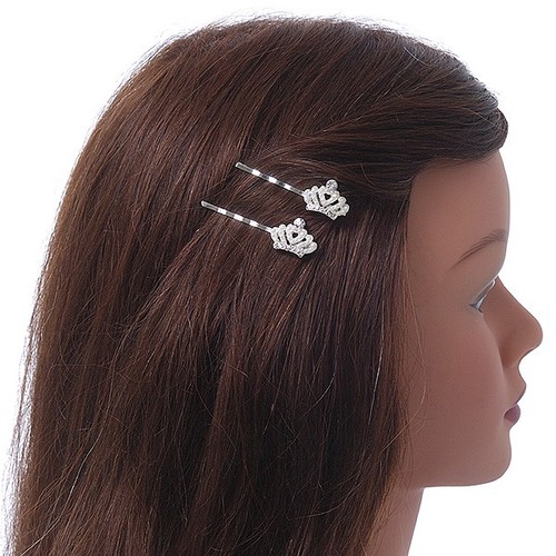 2 Bridal/ Prom Crystal, Simulated Pearl 'Crown' Hair Grips/ Slides In Rhodium - Picture 3 of 4