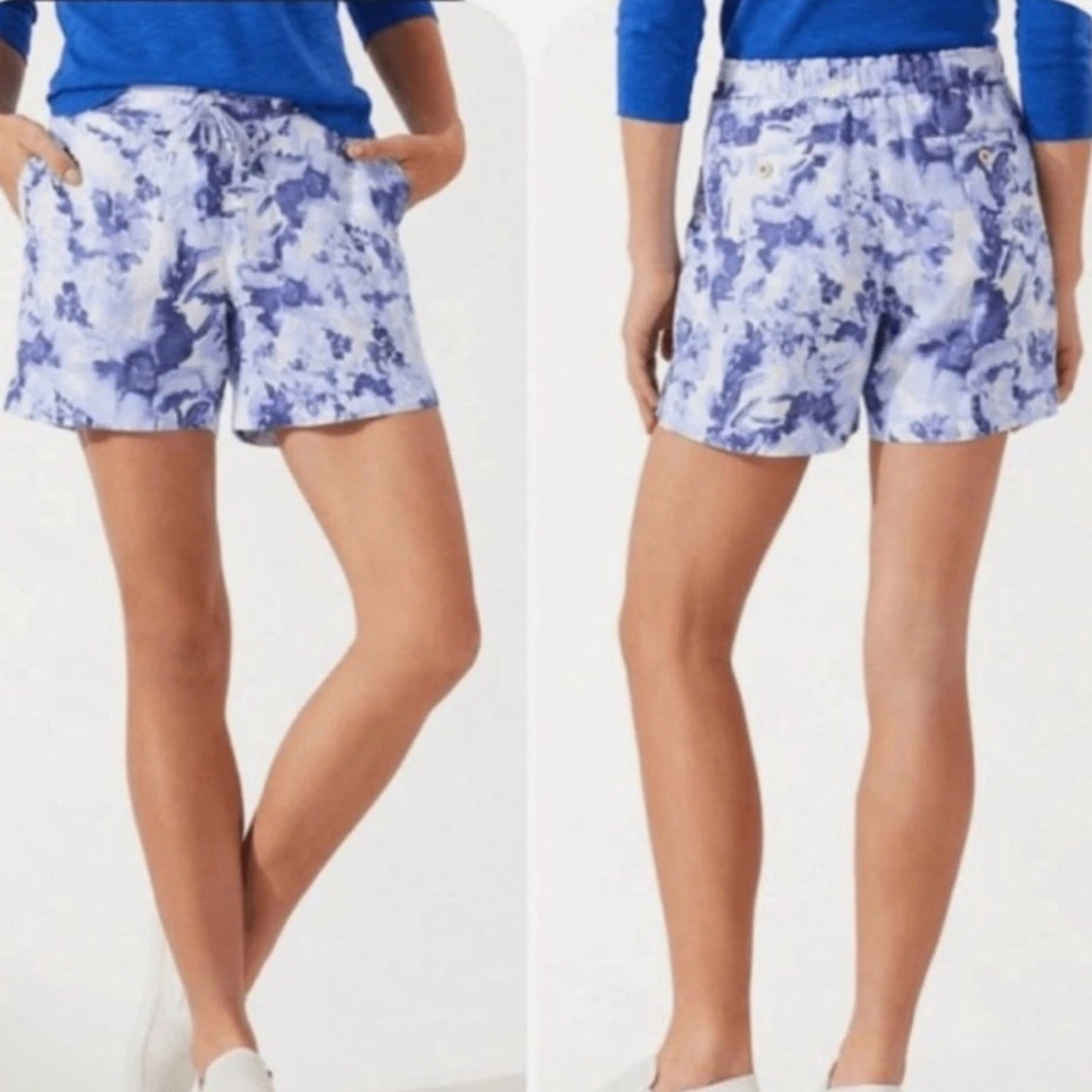 Tommy Bahama Linen Fresco Blue Floral 5 inch Shorts Elastic Back Large Summer
