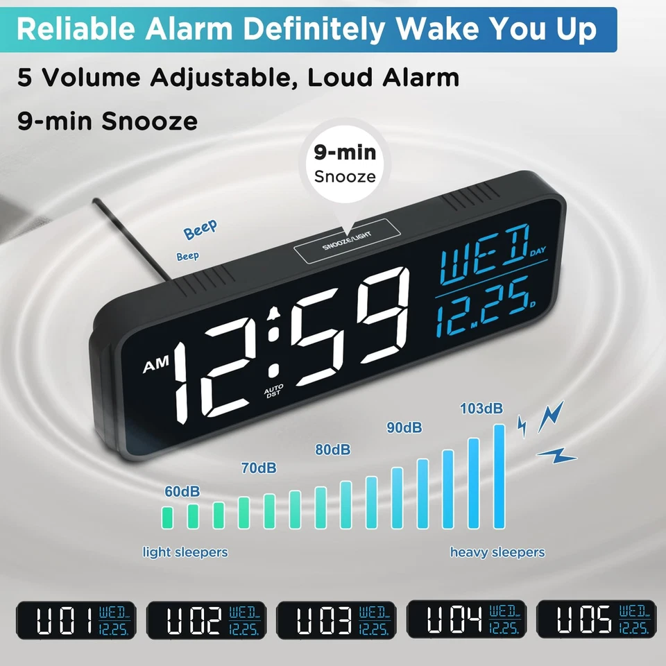 Large Display Digital Alarm Clock for Bedrooms, Date Day of Week Temp Desk Ta... - Image 4 of 4