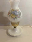 Vintage Milk Glass Hand Painted Hurricane Table Lamp Floral  11” WORKS!